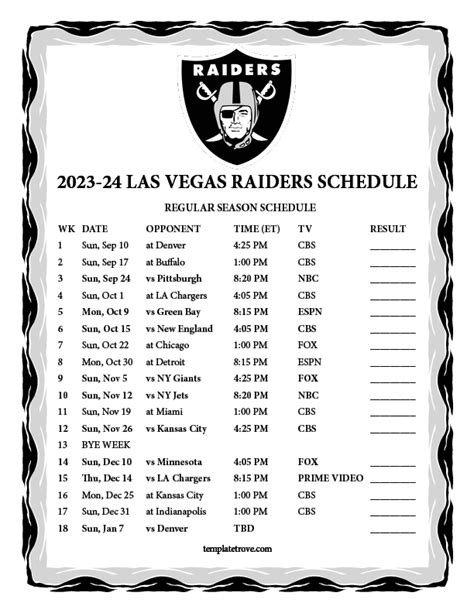 Raiders Schedule Printable